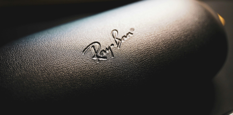 Close-up of Ray-Ban branded sunglasses case