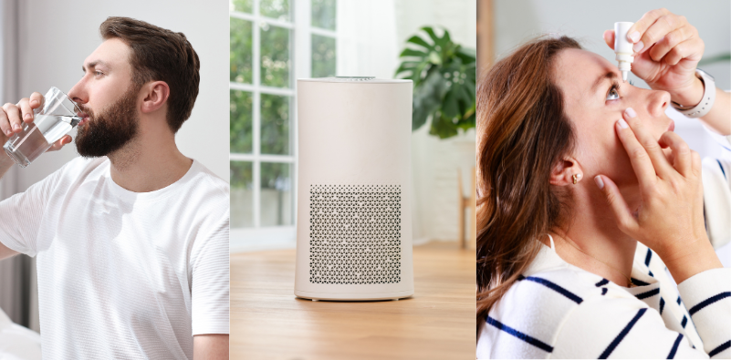 Collage showing a man drinking water, an air purifier, and a woman using eye drops.