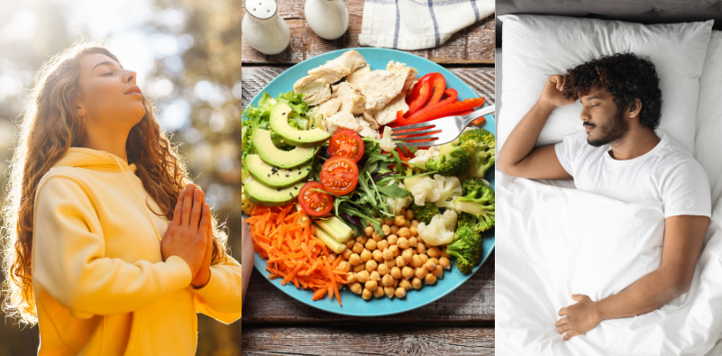 Collage showing a woman meditating, a healthy meal, and a man sleeping in bed