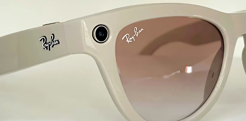 Side view of beige Ray-Ban Meta smart sunglasses with brown tinted lenses