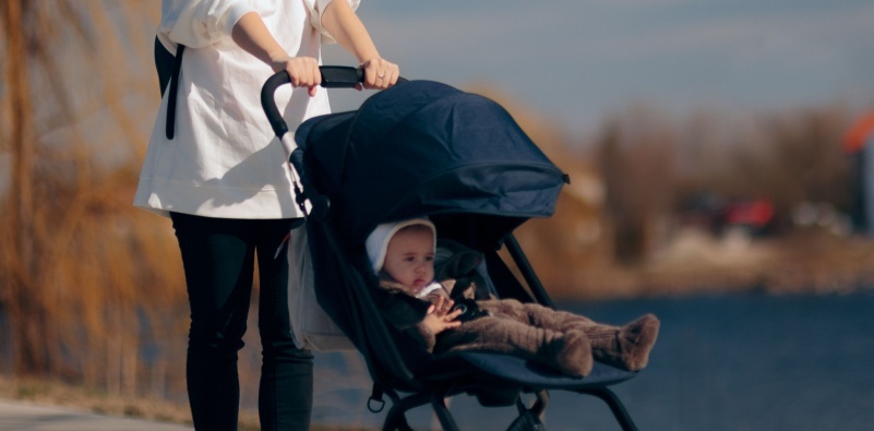 Baby in a stroller with shade