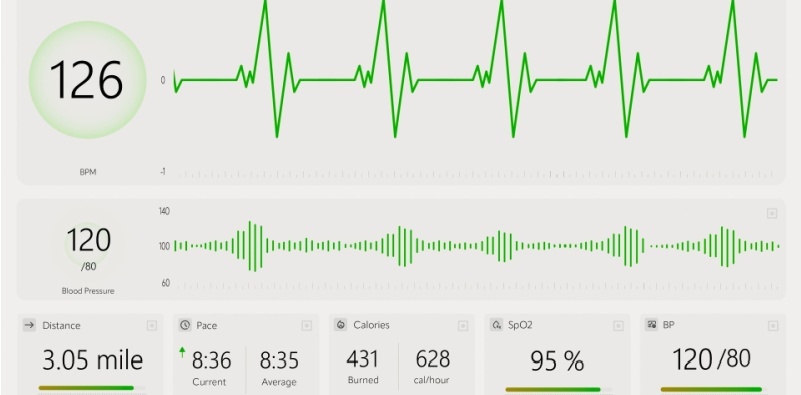 Fitness tracking dashboard showing health and exercise stats