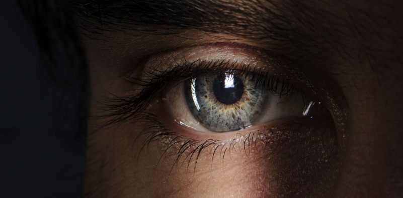 A close up of a blue/grey eye in dark lighting.