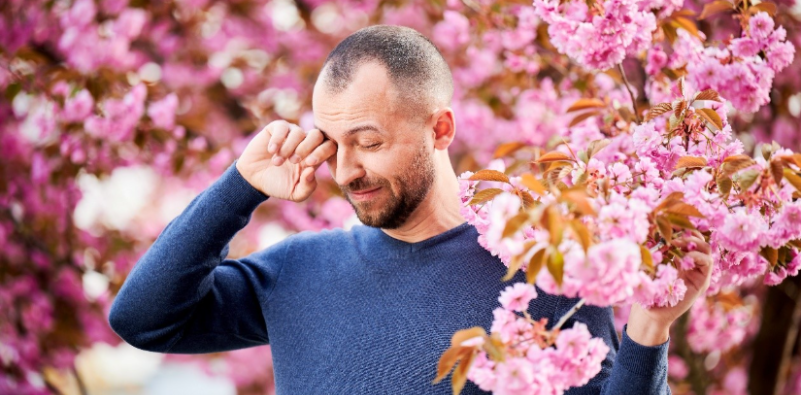 A middle-aged man rubbing his eyes, whilst surrounded by cherry blossom tree