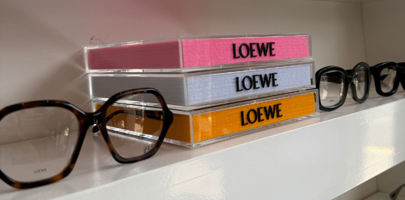 The LOEWE eyewear shelf at Optikal Opticians showcasing LOEWE frames and a LOEWE display block